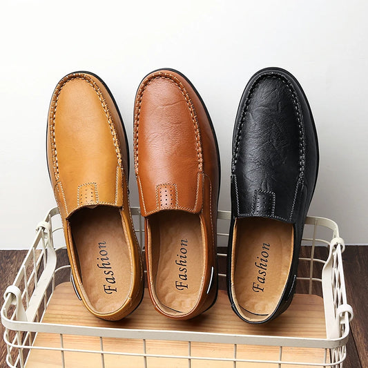 LETCOMFIT Men's Casual Loafers Solid Slip-On Leather Business Oxfords Comfort Low Top Middle Aged Men's Footwear All Season Wear