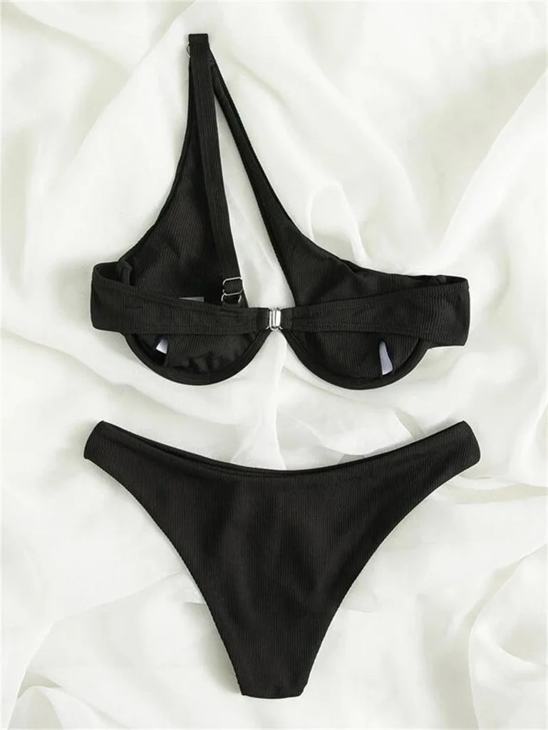 Sexy One Shoulder Bikini Set 2025 Women Red Black Push Up Underwire Micro Swimsuit Brazilian Cut Out Bathing Suit Thong Swimwear
