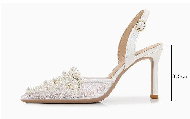 2025 White Wedding Shoes Bridesmaid Shoes Women's Lace Shoes Fashion High Heels Pearl Pumps