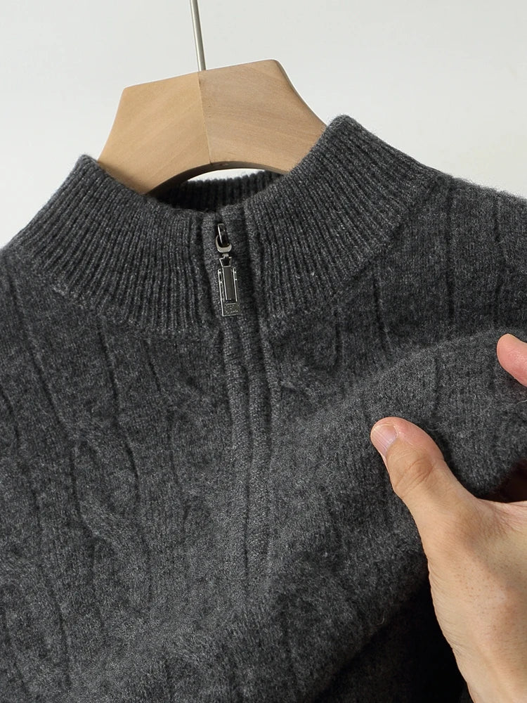Autumn Winter Men Half Zippers 100% Merino Wool Sweater Thicken Twist Flower Pullover Retro Casual Cashmere Knitwear Solid Tops