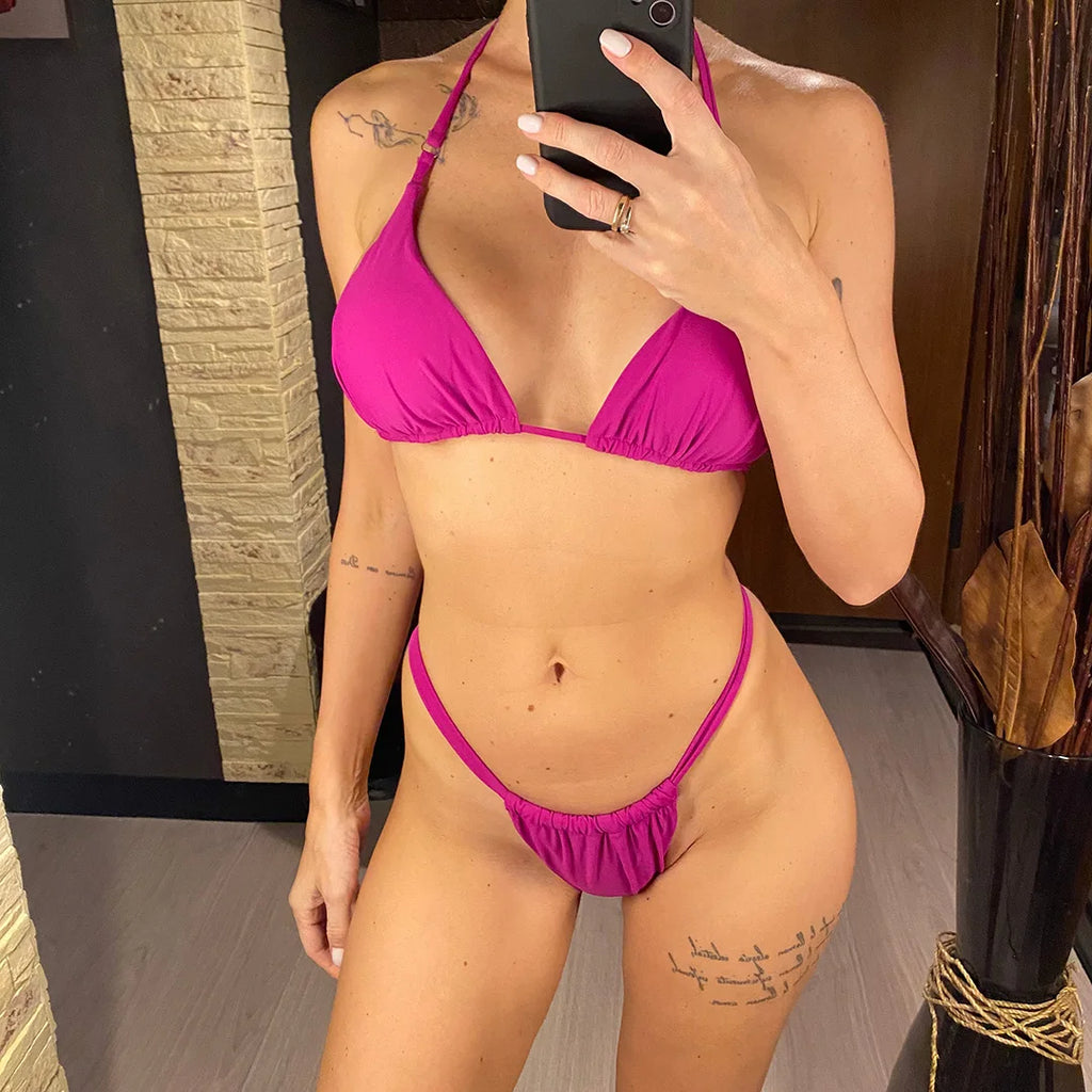 Women’s Halter High‑Leg Bikini Set – Sexy Two‑Piece Swimsuit in 14 Colors, V4010 Summer Beachwear