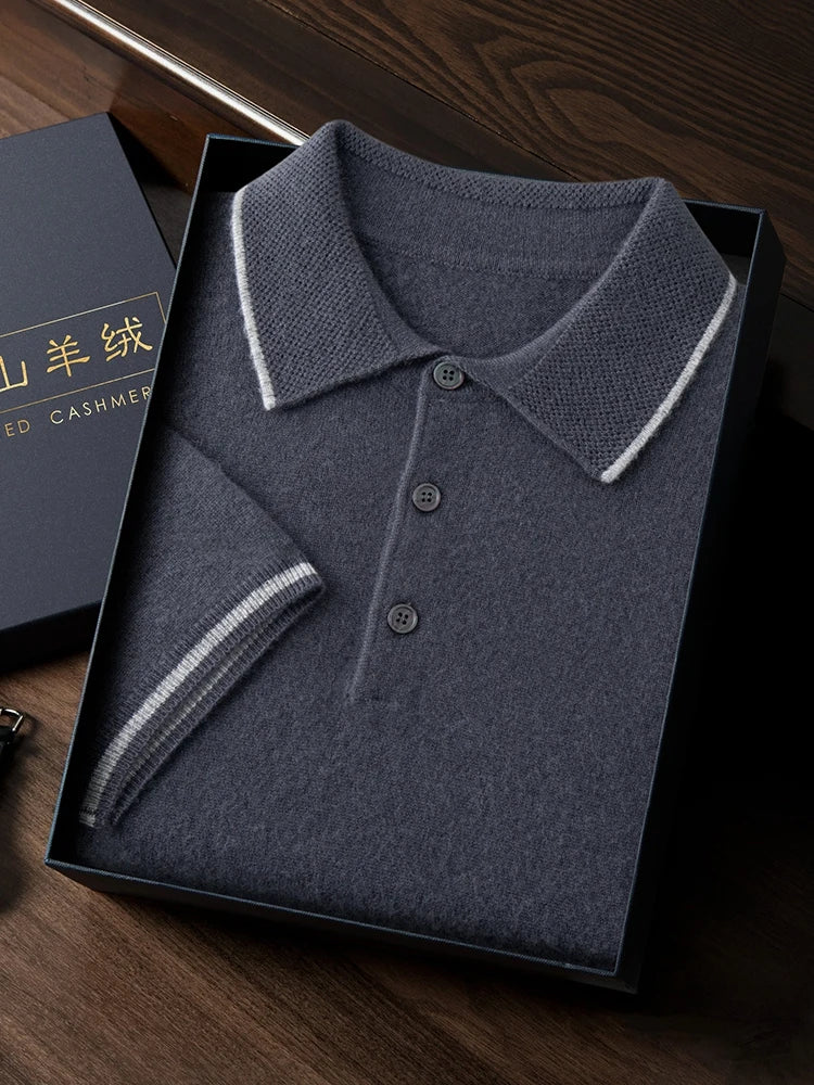 ADDONEE Men's Cashmere Summer Polo T-shirt Smart Casual Short Sleeve Pullover Sweater 100% Cashmere Knitwear Korean Fashion Tops