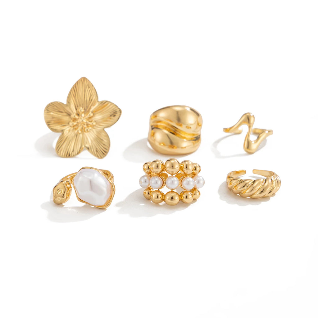 Ingemark 6‑Piece Boho Pearl & Metal Ring Set