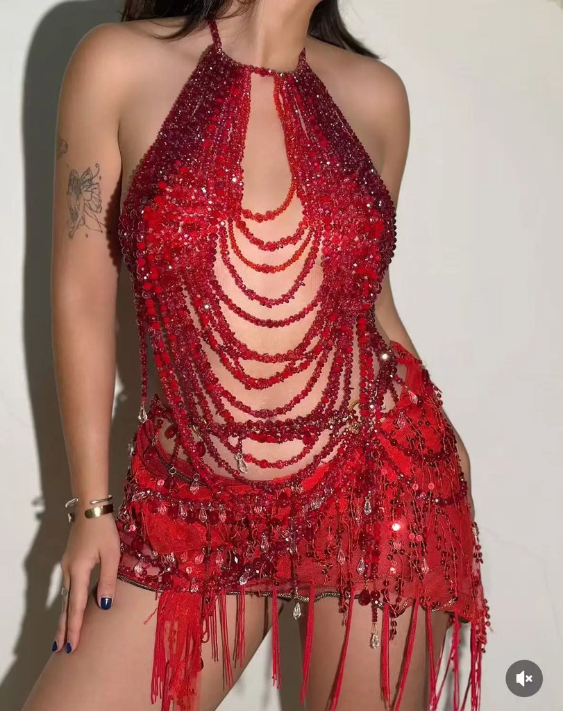 2025 Red Heavy Metal Beaded Body Chain — Y2K Cutout Sexy Nightclub Party Top for Women