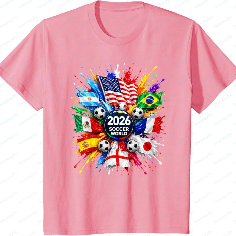 Men’s 2026 Soccer T‑Shirt — World Flag Color Splash Football Print Crew Neck Tee