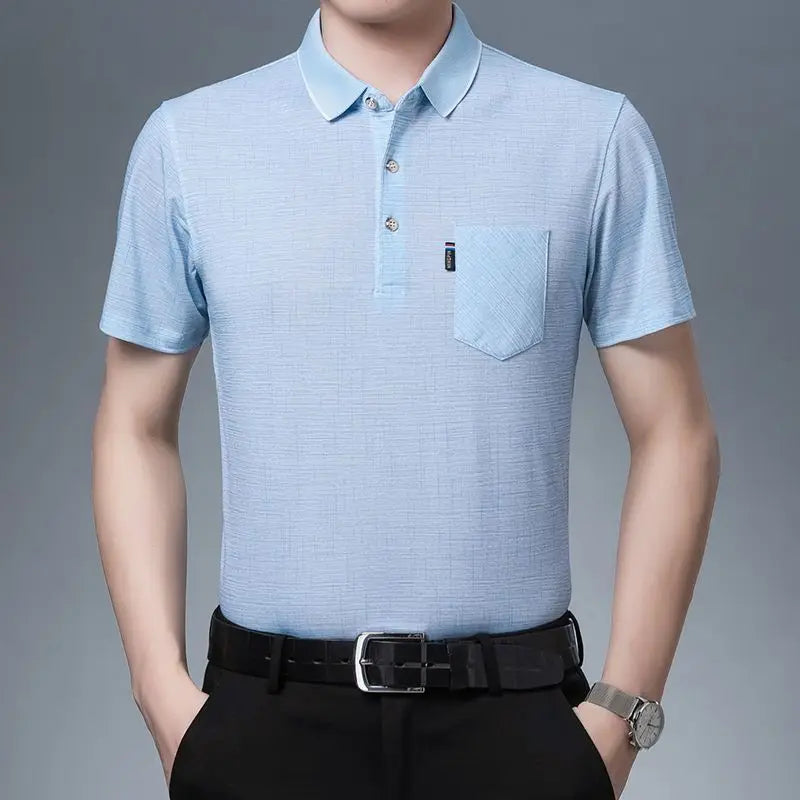 New Summer Men's Short Sleeved T-shirt Ice Silk Middle Aged Lapel Polo Shirt