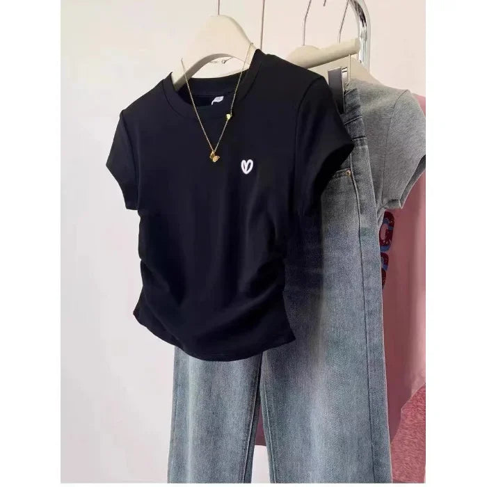 Grey Heart Embroidery Cropped Short Sleeve T-shirt Women's Summer 2024 New Design Sensibility Slims You Smooths Your Silhouette