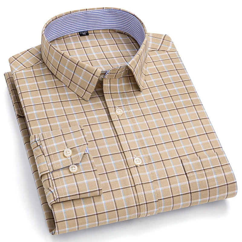 2024 New Quality Men's Social Shirt Long Sleeve 100% Pure Cotton Oxford Soft Plaid Formal Male Clothes Oversized Shirt S-7XL