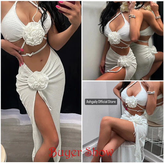 2025 3pack Bikini with Beach Skirt Swimwear Women 3D Flower Swimsuit Halter Bathing Suit Beachwear Bikini Set Biquini