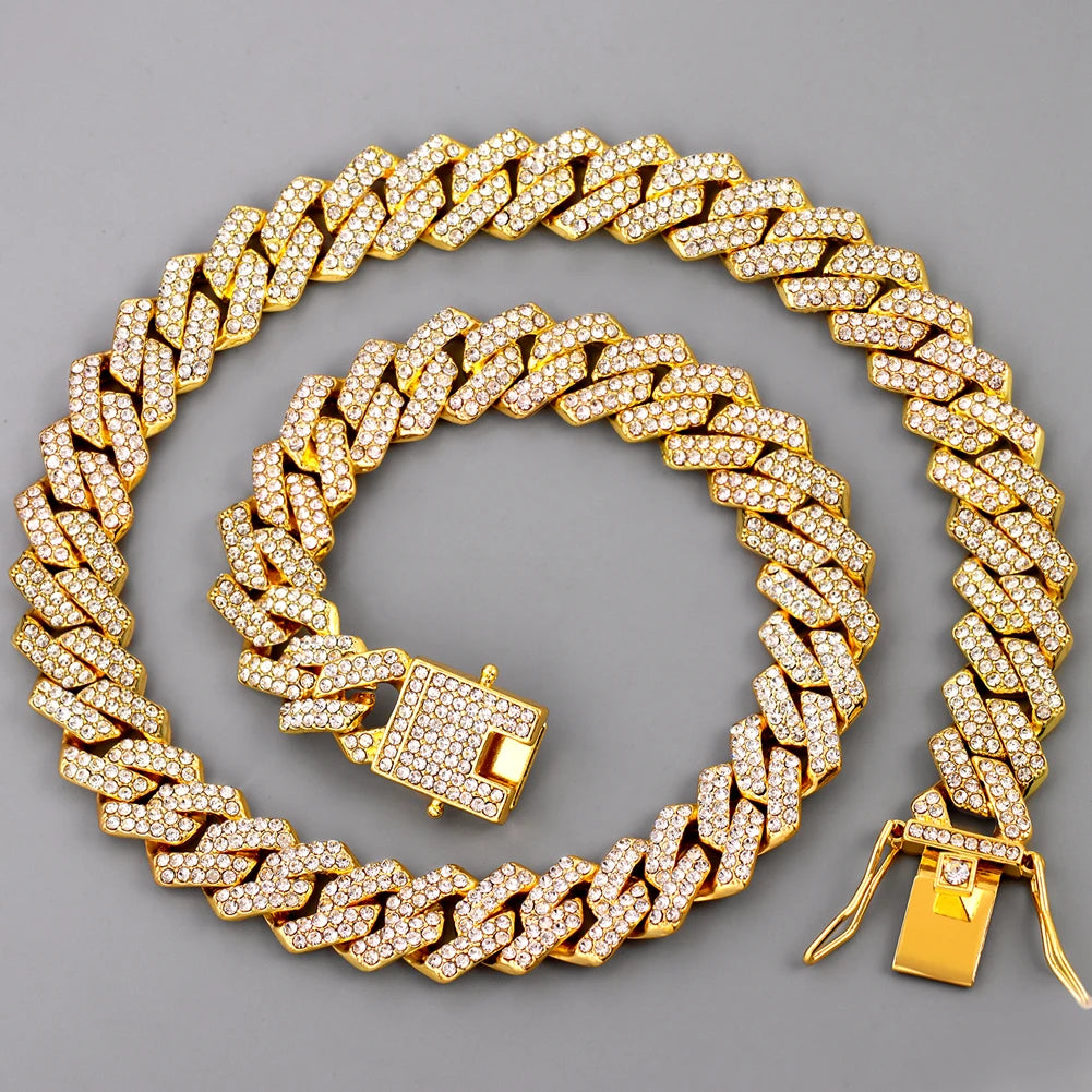 HipHop Men Iced Out Cuban Link Chain Necklace 13/14/20MM Gold Silver Color AAAA+ Rhinestone Cuba Necklace Men's Birthday Jewelry