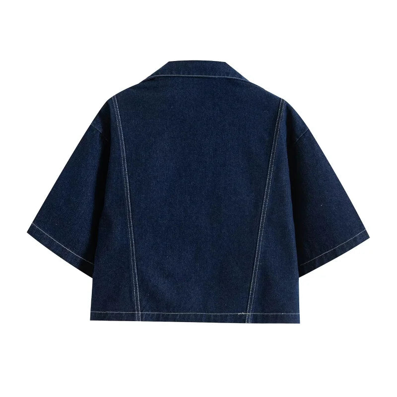 ETJ 2025 TRAF Spring New 1975 collection women's short sleeve lapel denim shirt & asymmetrical high waist denim culottes