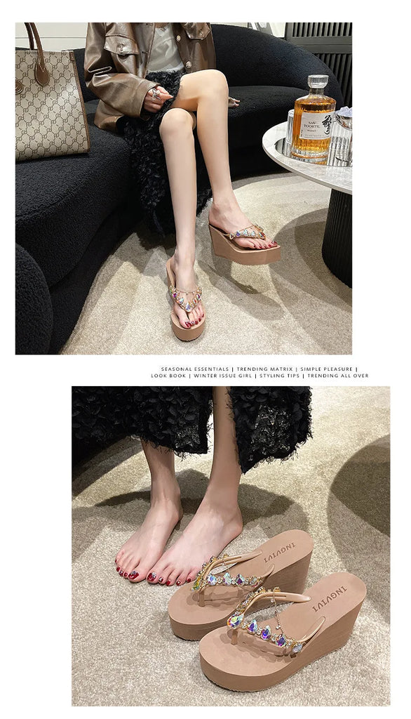 Women’s High Heeled Flip Flops — Diamond Slope Heel Slippers Elegant Beach Sandals