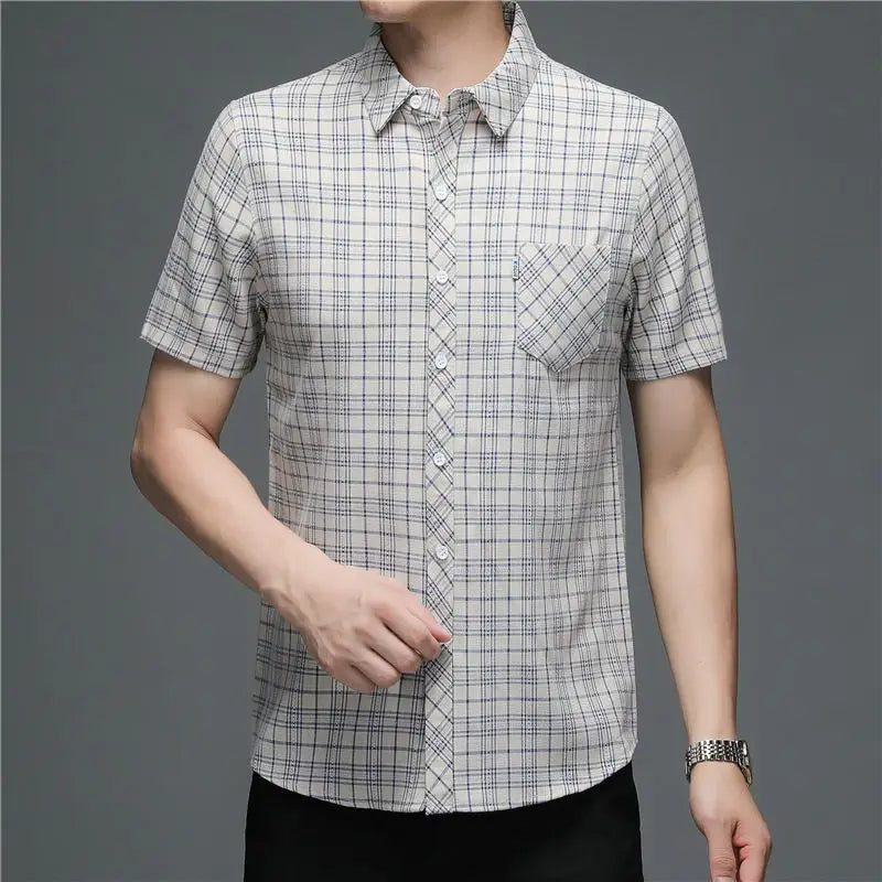 Grey Plaid Short‑Sleeve Button‑Down Shirt