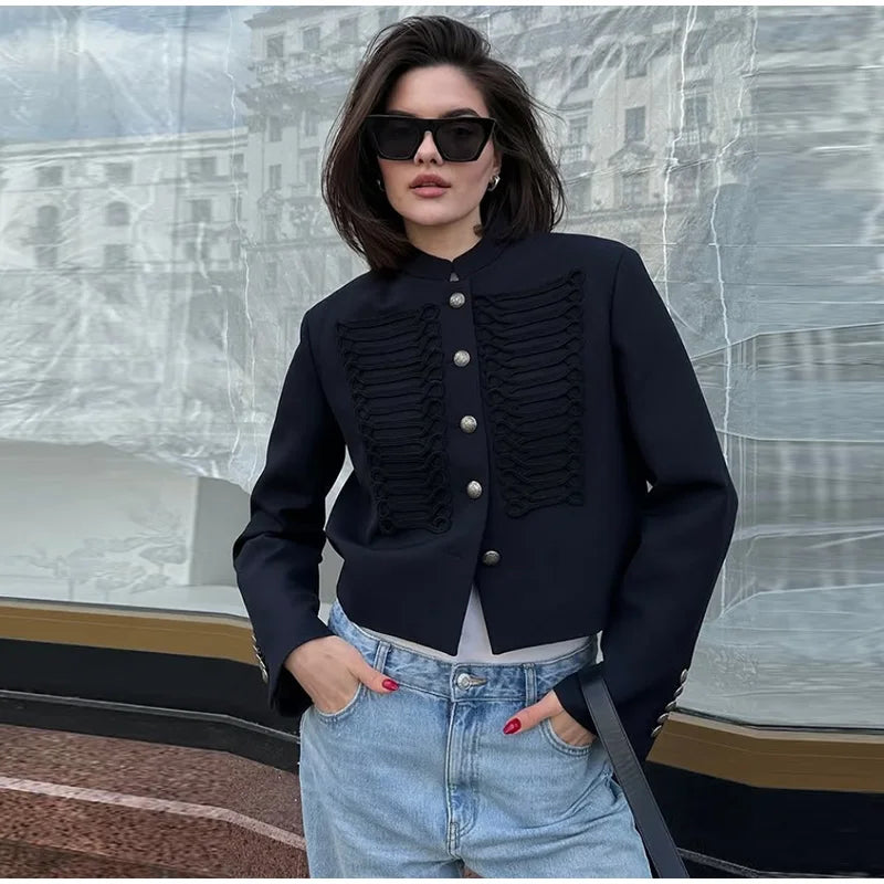 Napoleon Golden Short Jacket Women Vintage Stand Collar Long Sleeve Cropped Jackets 2026 Spring New Lady Outwear High Street