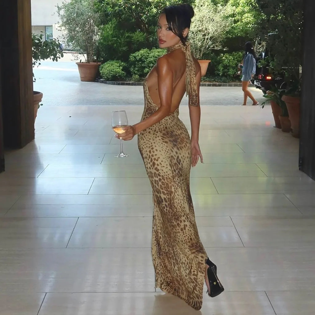 Cryptographic Fashion Halter Leopard Sexy Backless Maxi Dress Women Club Outfits Bandage Embellished Long Dresses Robe Clothes