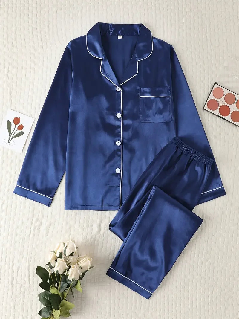 Autumn Winter Silk Pajamas Set for Women Casual Soft Breathable and Relaxed Fit Long Shirt Tops and Long Pants Sleepwear