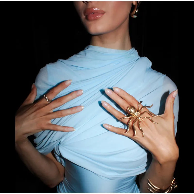 Irregular Shawl Blue Maxi Dress – Women’s 2025 Slim‑Fit Turtleneck Pleated Evening Party Dress