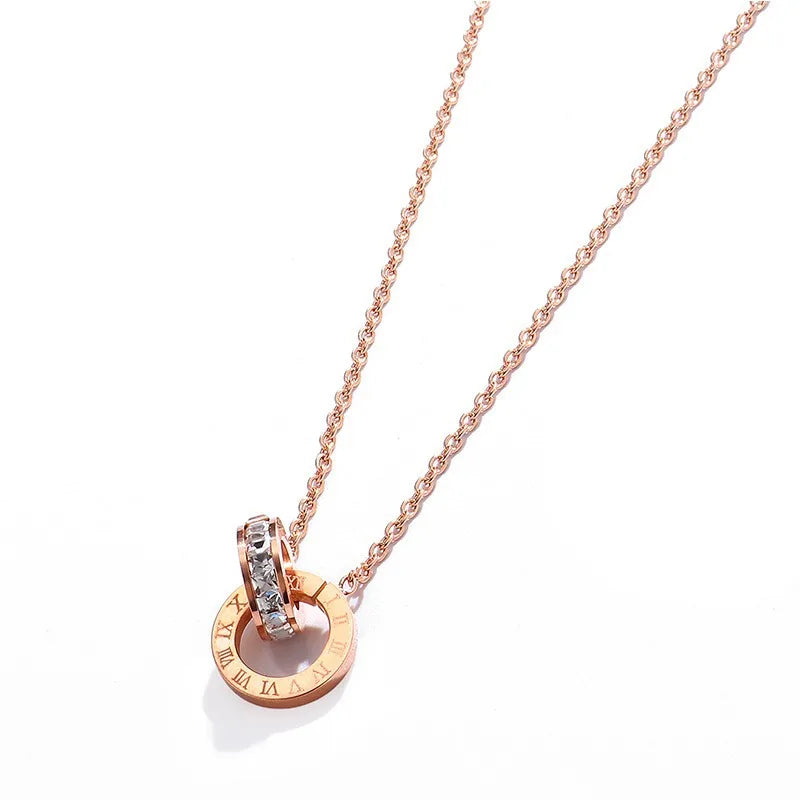 L91 new stainless steel rose gold square diamond Roman numeral double-buckle short necklace