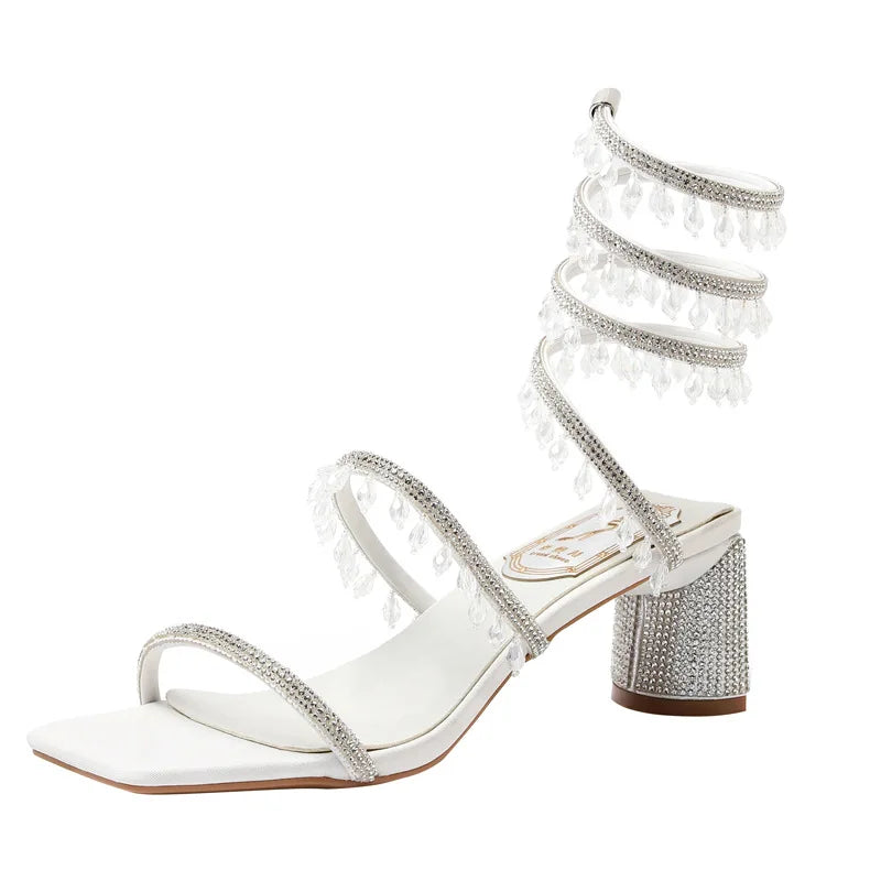 2025 Spring/Summer New Water Diamond Jewel Wrist Wrapped Snake-shaped High Heel Sandals Sexy Large Size Shoe Girl Women Sandals