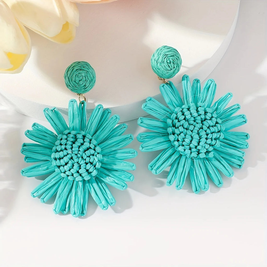 Bohemian vacation style hand-woven raffia sunflower droop earrings beach style multi-color fashion ladies special gift (1 pair)