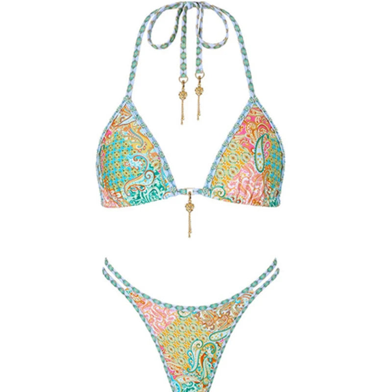 Women’s 2025 Tropical Plant Lace‑Up Micro Bikini – Halter Thong Swimsuit for Summer Beachwear