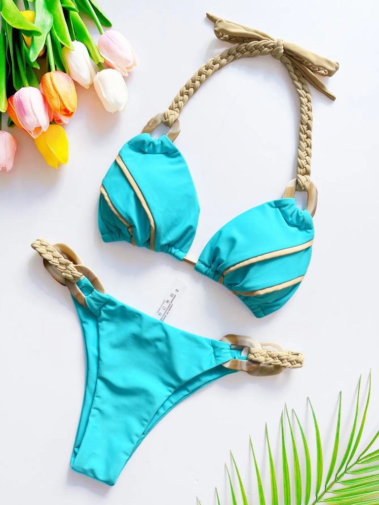 Weave triangle swimsuit lady biquinis Brazilian women bikini ring sexy bathing suit 2025 two pieces suits Halter micro swimwear