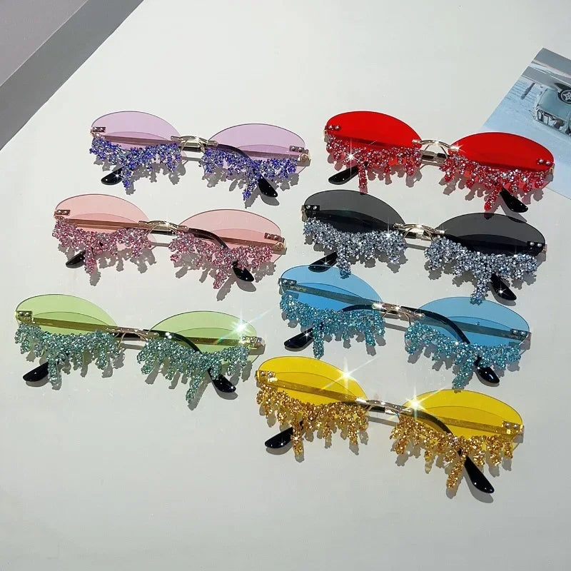 KAMMPT Rimless Tear Shaped Sunglasses with Rhinestones Women Fashion Decorative Shades Trendy Stylish Design Rave Sun Glasses