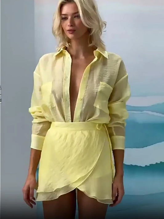 JULISSA MO Casual Vacation Two Piece Sets Women Shirt Suit Yellow Turn-down Collar Bandage Mini Skirt Set Summer Slim Beachwear