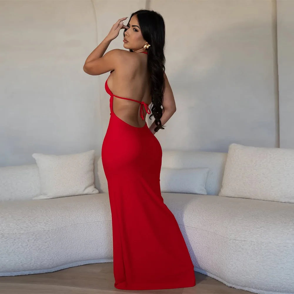 CM.YAYA Women Sleeveless Deep V-neck Halter Long Maxi Dress Summer Backless Beach Sexy Street Evening Night Club Party Dresses
