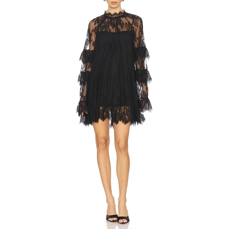 Transparent Sexy Solid Color Bikini Covers Women Embroidery Turtleneck Swing Mini Dress 2025 Long Sleeved Lace Top Streetwear