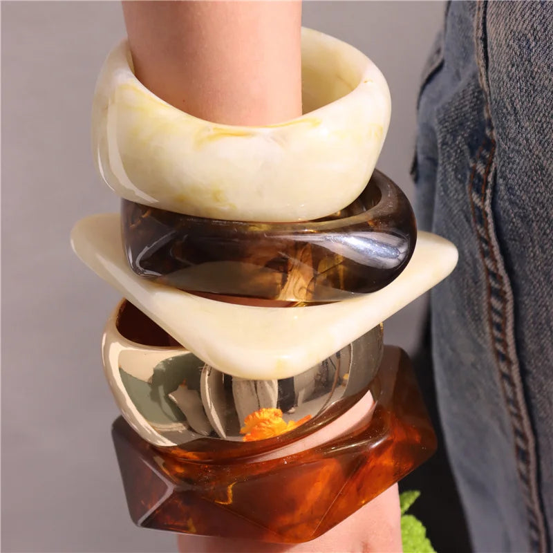 HUANZHI Vintage Resin Triangle Wide Bangle Bracelet