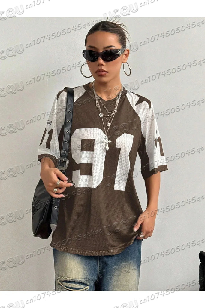 Oversized T-shirt For Women V-Neck Short Sleeve Summer Patchwork Speed 91 Printed Streetwear Tops Casual Football Jersey Y2k Tee