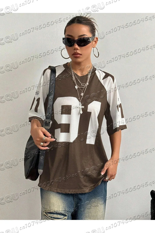Oversized T-shirt For Women V-Neck Short Sleeve Summer Patchwork Speed 91 Printed Streetwear Tops Casual Football Jersey Y2k Tee