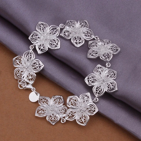 925 Sterling Silver Bracelet Flower Chain Elegant Beautiful Jewelry Wedding  for Women Lady Cute   20cm 8inch