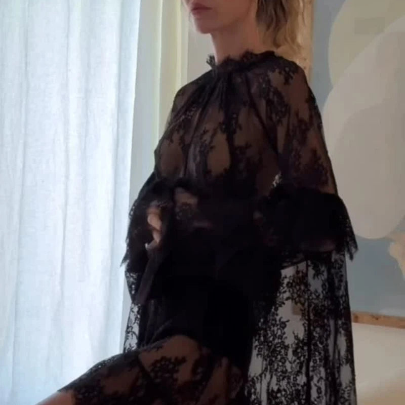 Transparent Sexy Solid Color Bikini Covers Women Embroidery Turtleneck Swing Mini Dress 2025 Long Sleeved Lace Top Streetwear