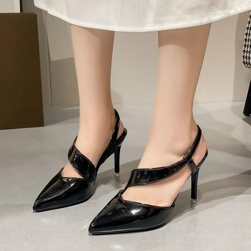 Sexy sandals, large-sized patent leather pointed-toe elegant stilettos, summer new style party and party women's shoes