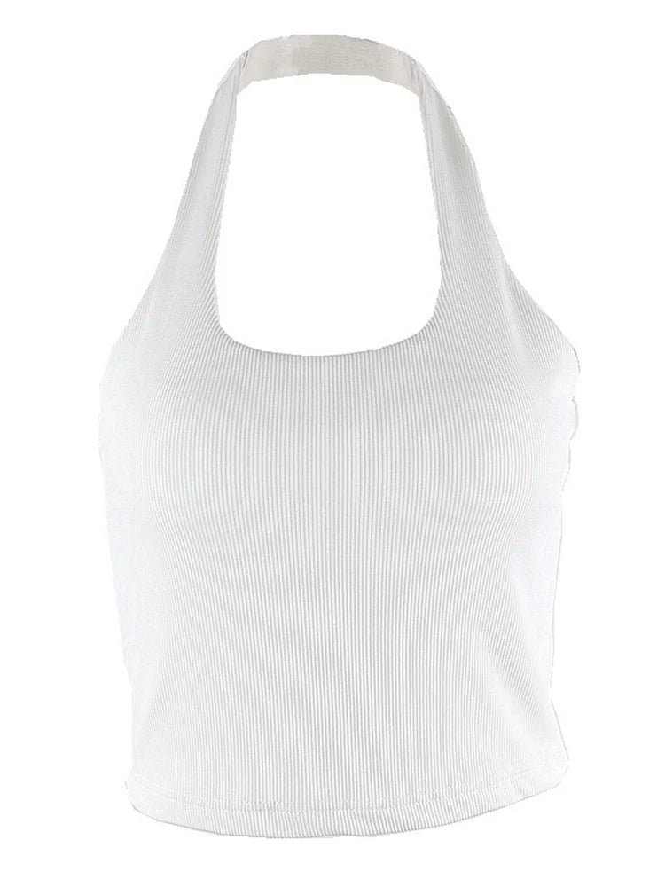 White Halter Backless Ribbed Knit Crop Top — 2023 Streetwear Feminino Style