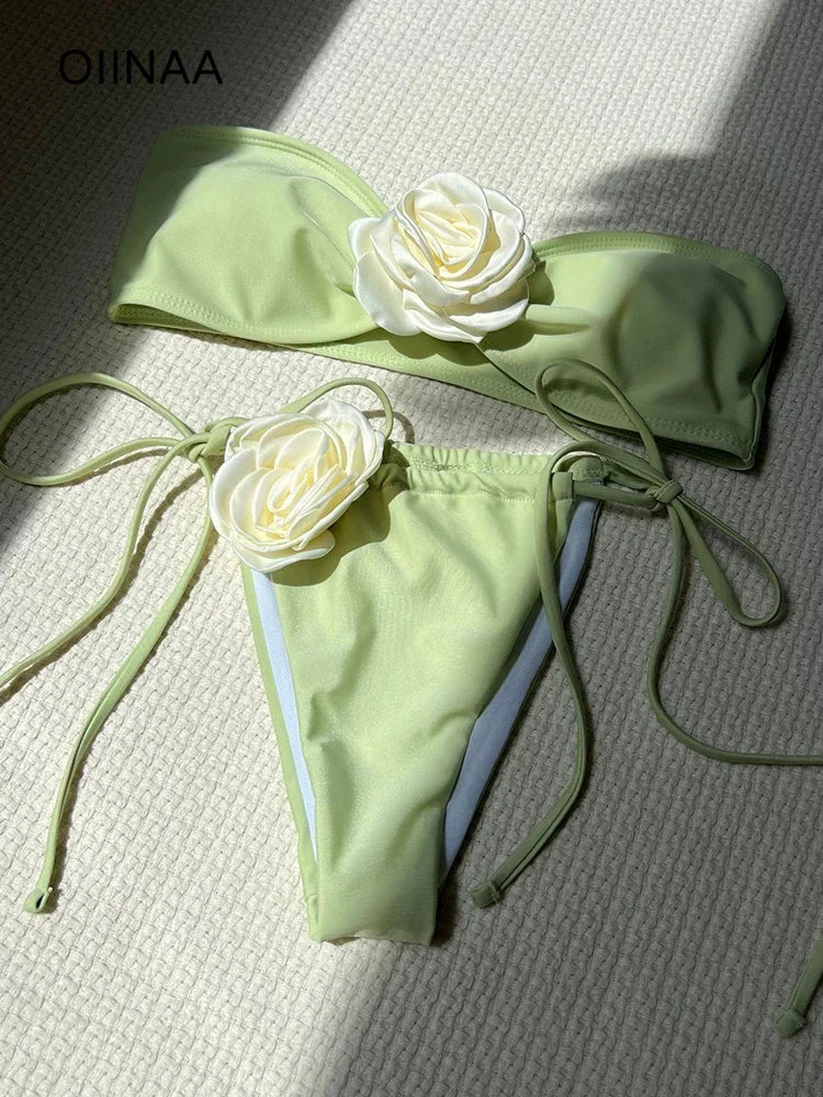 OIINAA Swimsuit Women Sexy Soild Color Bikini Set 3D Floral Swimwear Split Strapless Two-Piece Biquini Lace Up Bathing Suit 2024