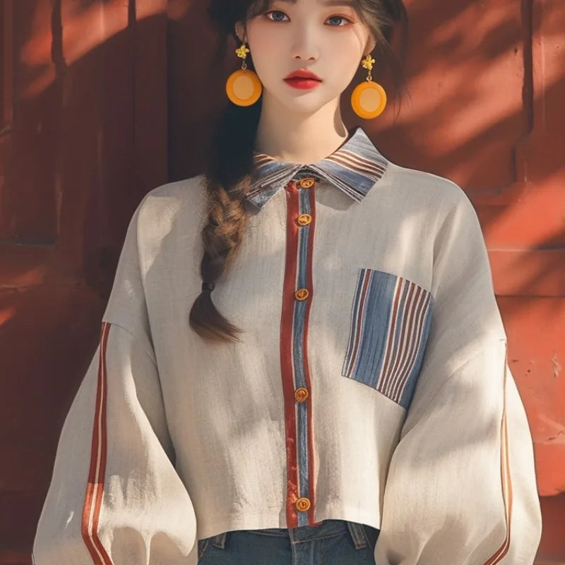 Vintage Women's Shirts Spring/summer New Chiffon Striped Women Blouses Loose Long Sleeve Top Patchwork Korean Clothing Sales
