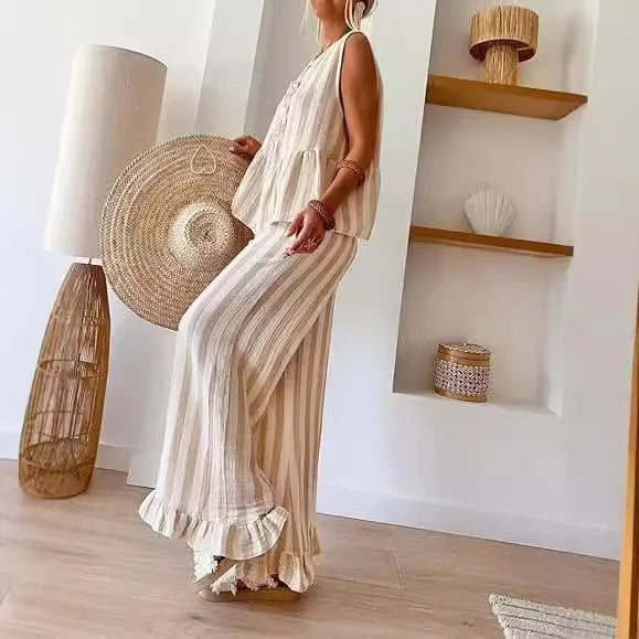 Stripe Lace Up Shirts Set Women Casual O-neck Sleeveless Hollow Out Blouse Vest Wide Leg Trousers 2-piece Sets Lady Beach Outfit