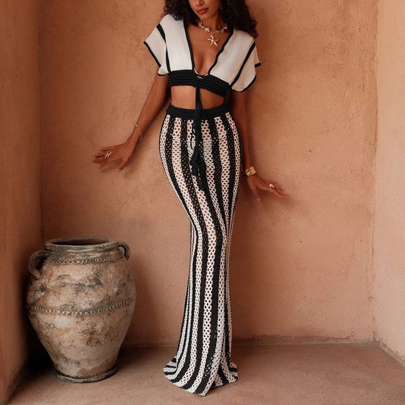 Women’s Brown & White Stripe Knit Cover‑Up Set – Tie‑Up Top + Long Sheer Skirt Beach Vacation Outfit