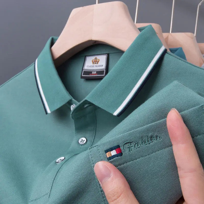 Top Grade Summer Short Sleeve Korean New Fashion Cotton Soft Pure Color Lapel Slim Fit Casual Tops Men's pocket Polo Shirts