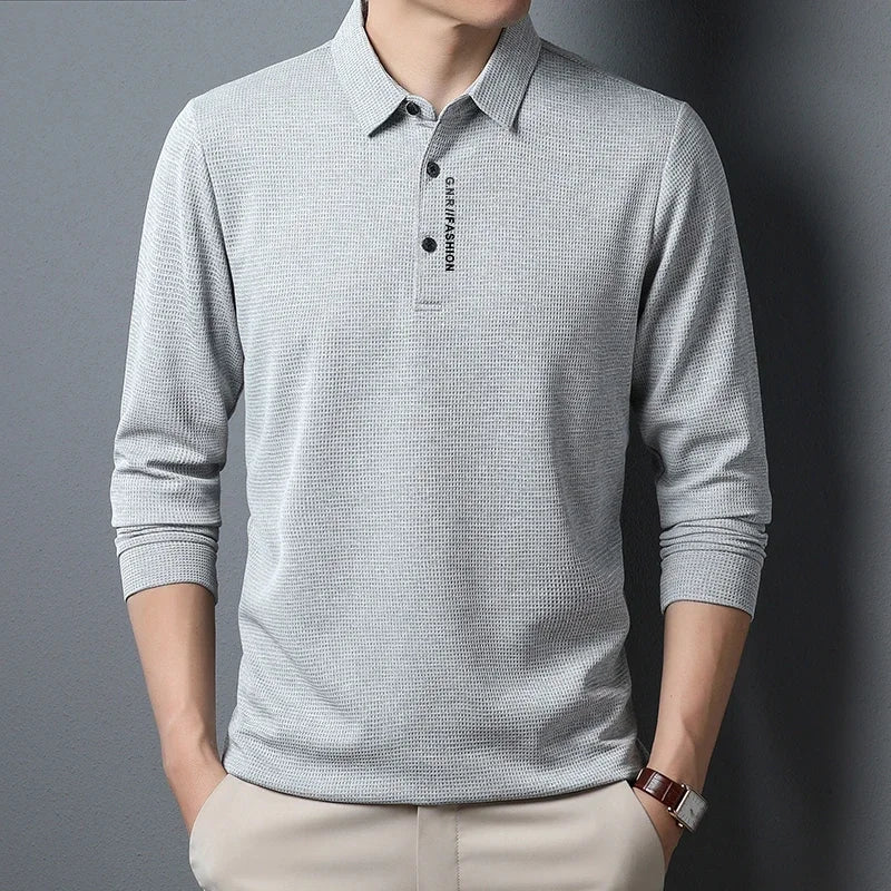 Waffle Knit Long‑Sleeve Polo Shirt