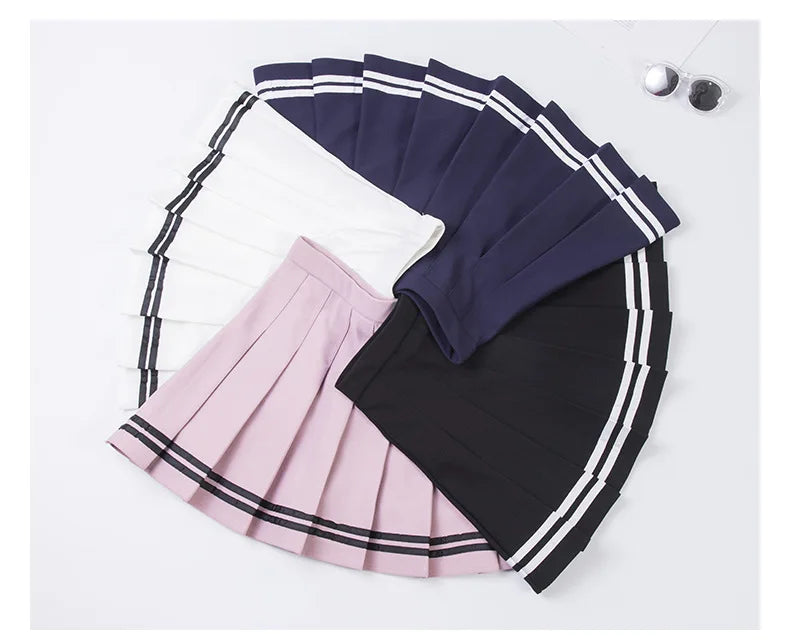 High‑Waist Elastic Patchwork Striped Pleated Mini Skirt