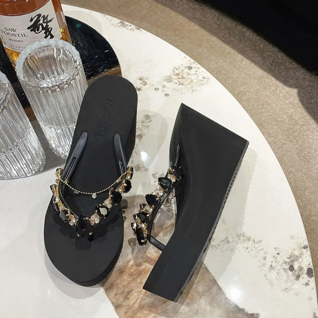 Women’s High Heeled Flip Flops — Diamond Slope Heel Slippers Elegant Beach Sandals