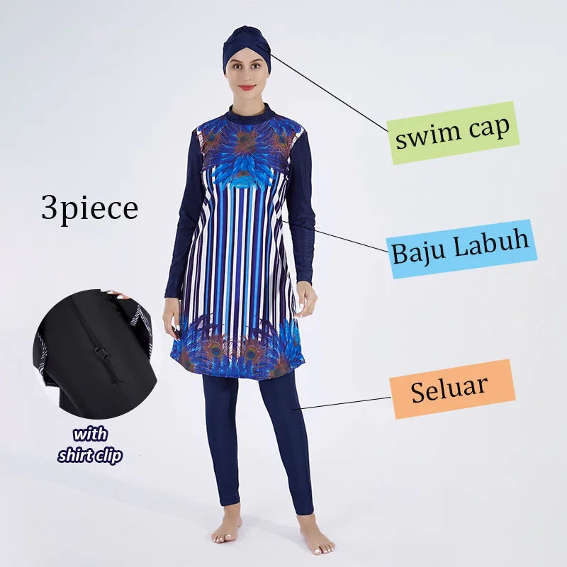 Women’s 4‑Piece Islamic Burkini Set – Long Sleeve Modest Swimwear with Hijab, Digital Print Sports Bathing Suit (4XL)