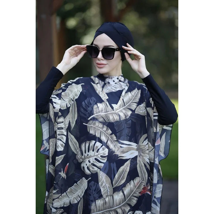 Women’s 4‑Piece Islamic Burkini Set – Long Sleeve Modest Swimwear with Hijab, Digital Print Sports Bathing Suit (4XL)