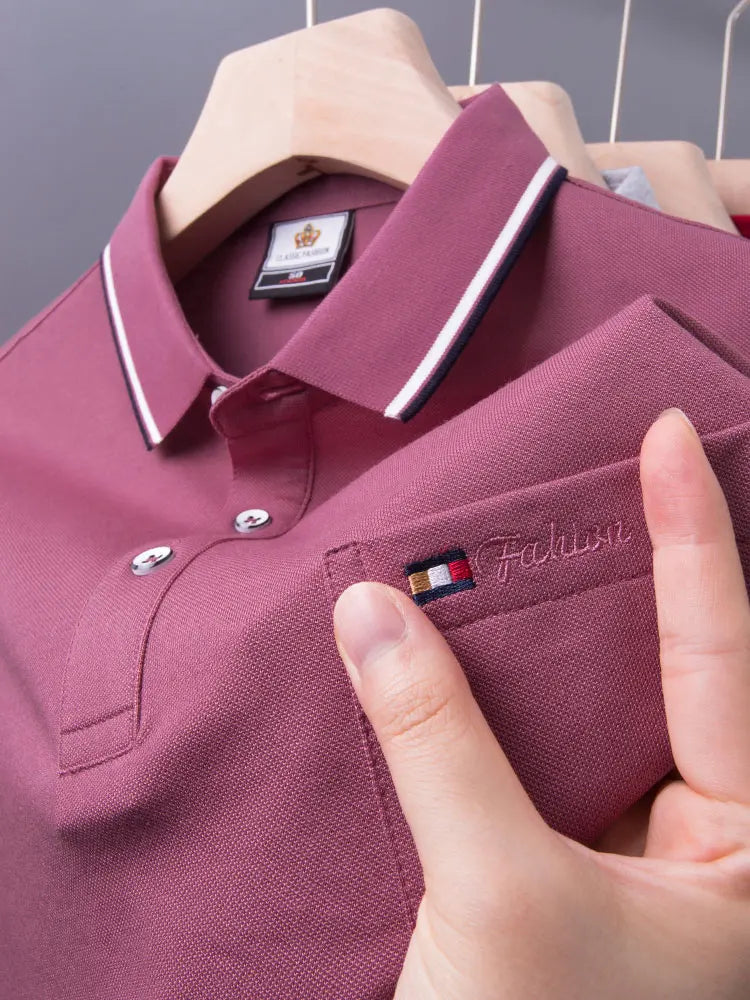 Top Grade Summer Short Sleeve Korean New Fashion Cotton Soft Pure Color Lapel Slim Fit Casual Tops Men's pocket Polo Shirts
