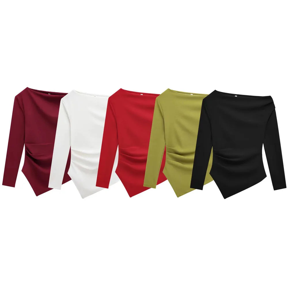 Women’s One‑Shoulder Asymmetrical Long‑Sleeve Y2K Top – HXAO Off‑Shoulder Summer T‑Shirt