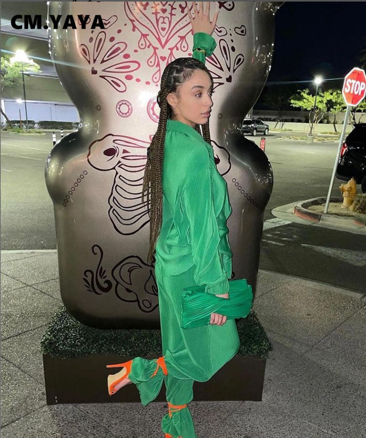 CM.YAYA Street Women's Set Long Sleeve Shirt Tops and Wide Leg Pants Elegant Tracksuit Two Piece Set Sweatsuit Fitness Outfits